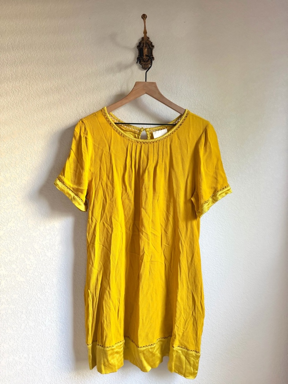 Anthropology Maeve Gold Embroidered Short Sleeve Swing Dress